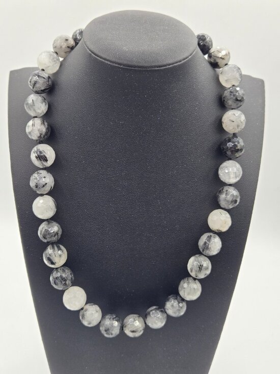 D'Joy Jewelry - Tourmalinated Quartz Necklace 14mm Round Beads 925 Sterling Silver MagneticClasp